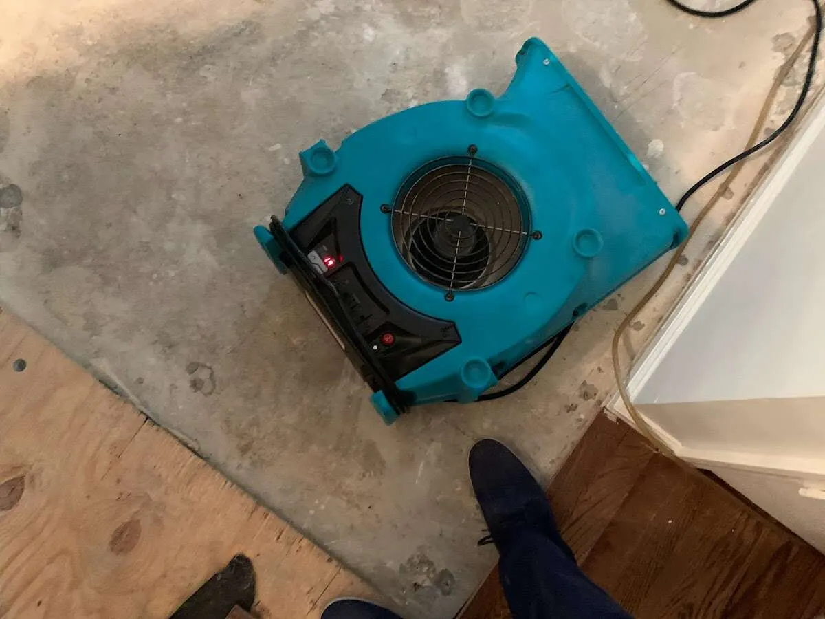 Air mover drying subfloor during Commercial Water Damage Restoration in Wauseon